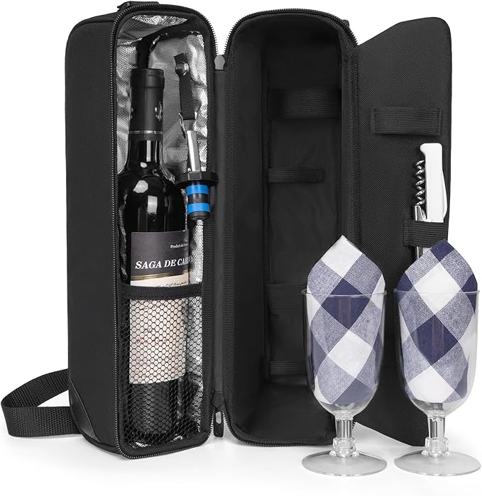 Wine Tote Bag with Cooler Compartment, Picnic Set Carrying Two sets of tableware