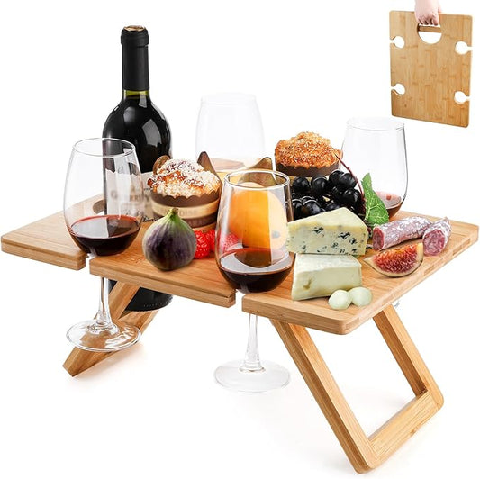 Portable Wine Picnic Table with 5 Wine Glasses Holder