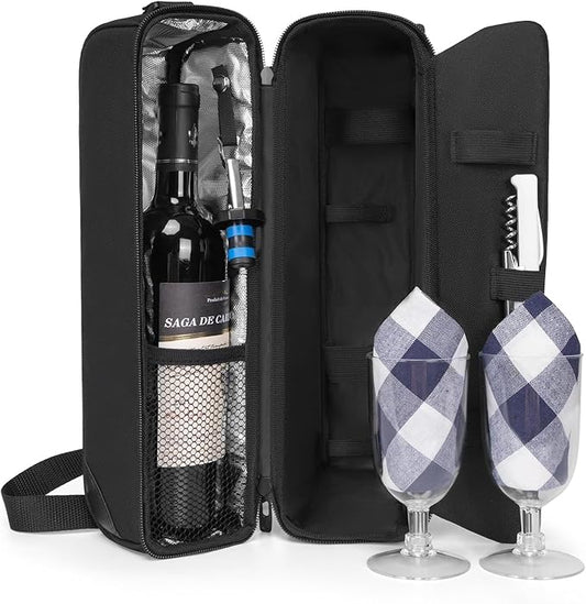 Wine Tote Bag with Cooler Compartment, Picnic Set Carrying Two sets of tableware
